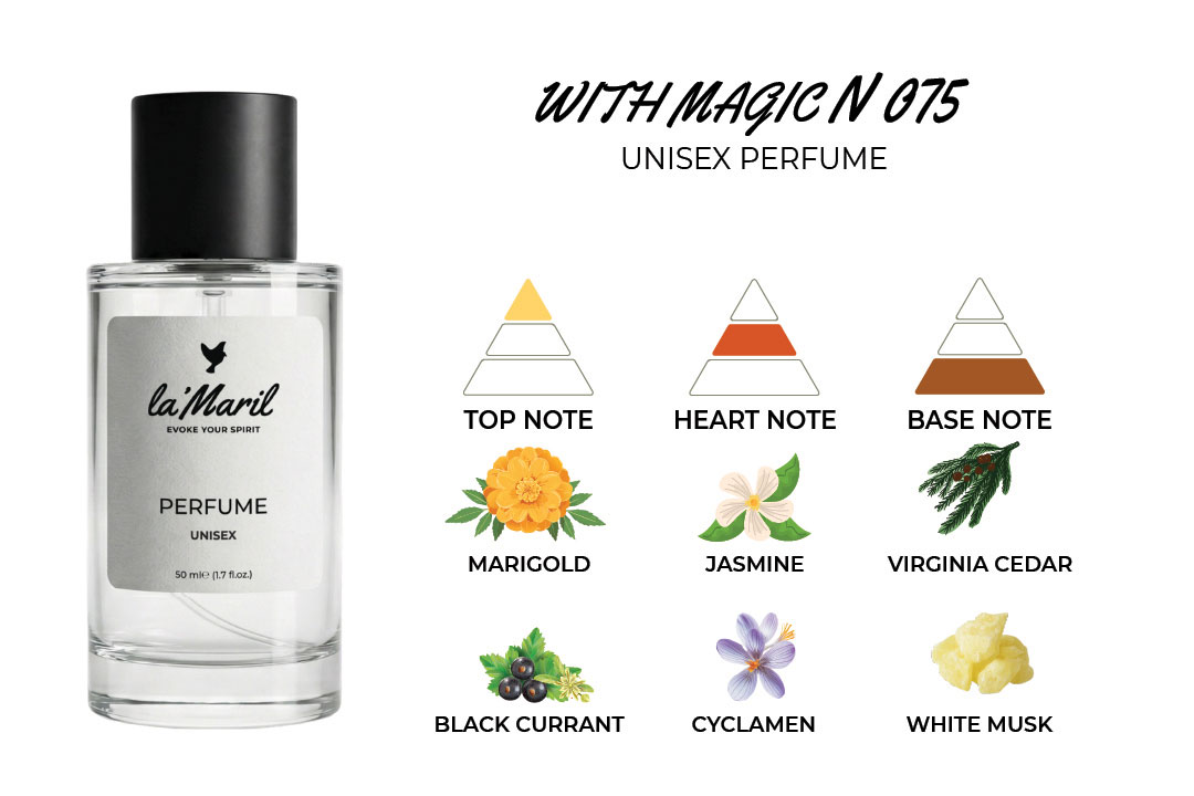 with magic lamaril unisex perfumes Amalfi Lemon, Marigold, Bergamot, Black Currant, African Orange Flower Violet, Cyclamen, Jasmine Vetiver, Musk, Amber, Virginia Cedar lamaril unisex parfum in Türkiye