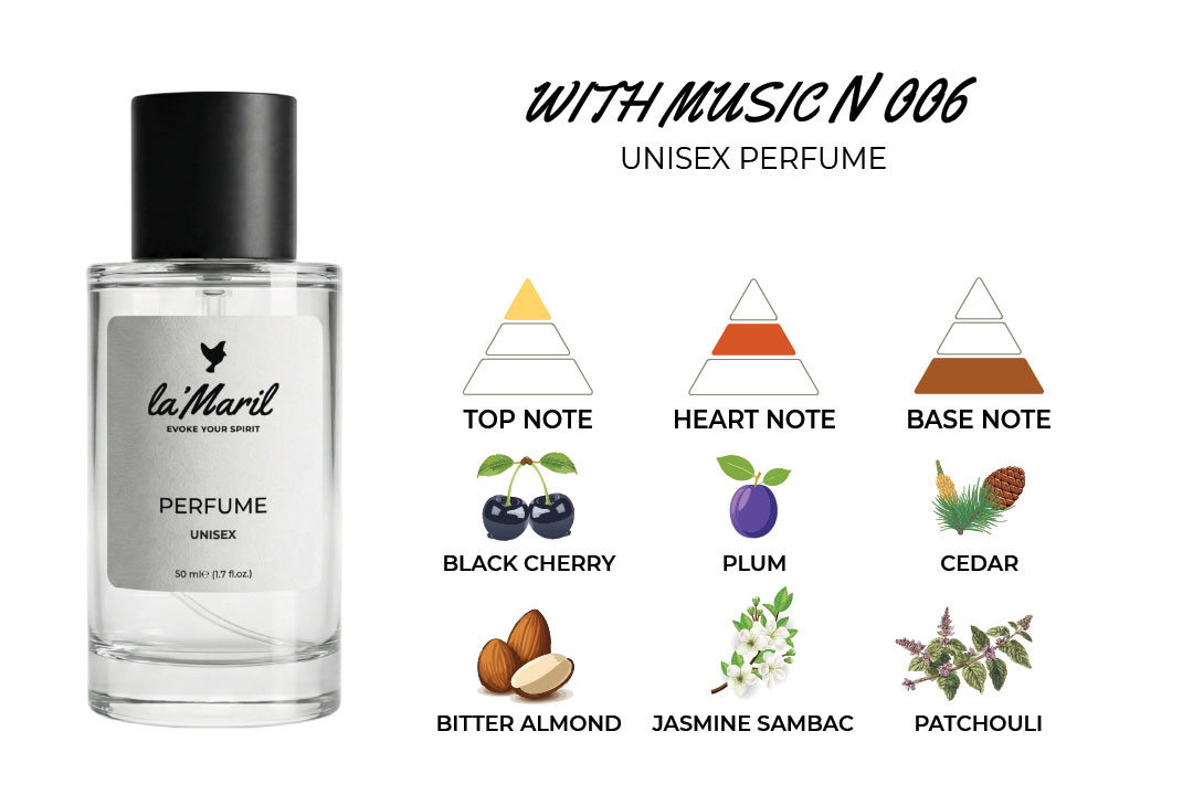 lamaril unisex parfum in Türkiye Bitter Almond, Black Cherry, Cherry Sour Cherry, Plum, Turkish Rose, Jasmine Sambac Vanilla, Tonka Bean, Cinnamon, Peru Balsam, Sandalwood, Benzoin, Cloves, Cedar, Patchouli, Vetiver